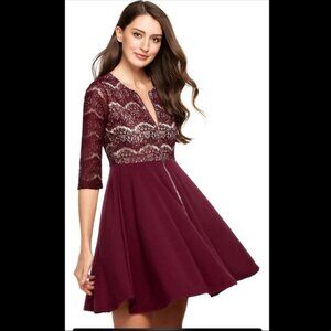 New Measeor Red 3/4 Sleeve Front Zip Lace Lined Midi Dress P6198